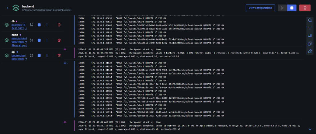 Smart Doorcam backend showing Docker containers and API logs