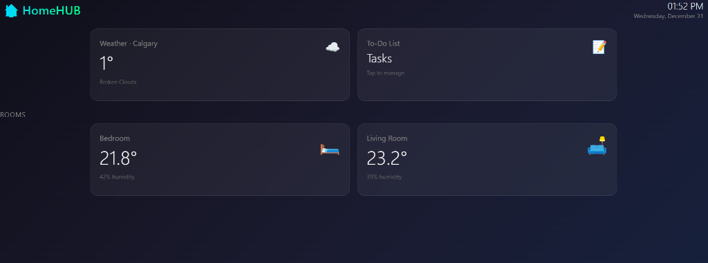 HomeHUB main dashboard with weather widget, to-do list, and room cards