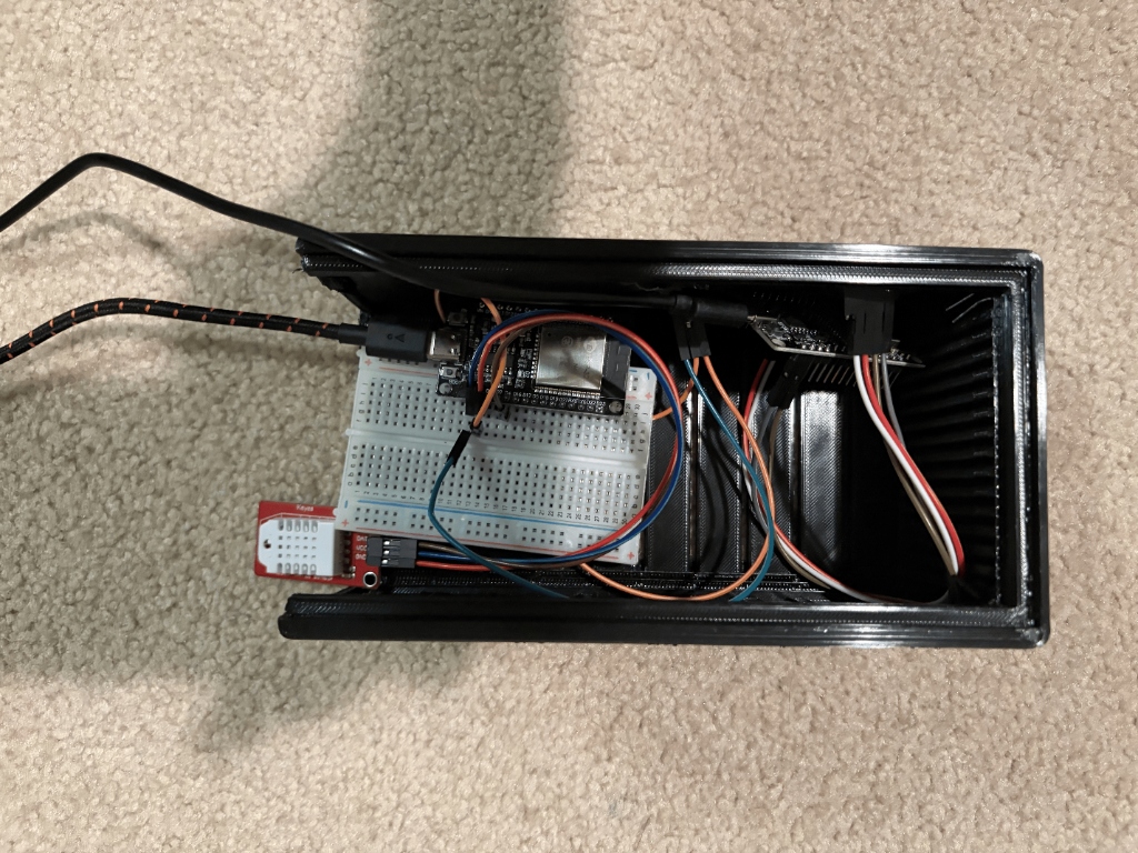 HomePOD hub internal view with ESP32, breadboard, and wiring
